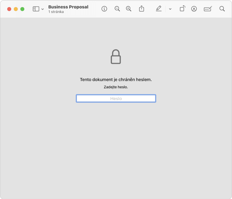 PDF soubor zabezpečený pomocí hesla, který zobrazuje ikonu zámku a textové pole pro zadání hesla k otevření souboru