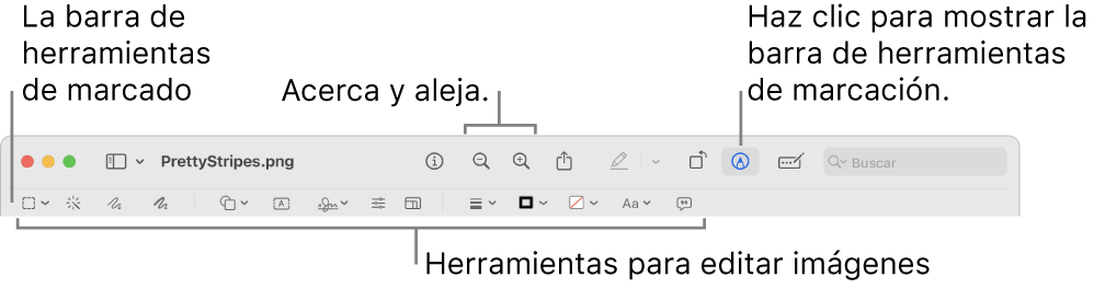 La barra de herramientas Marcado para editar imágenes.