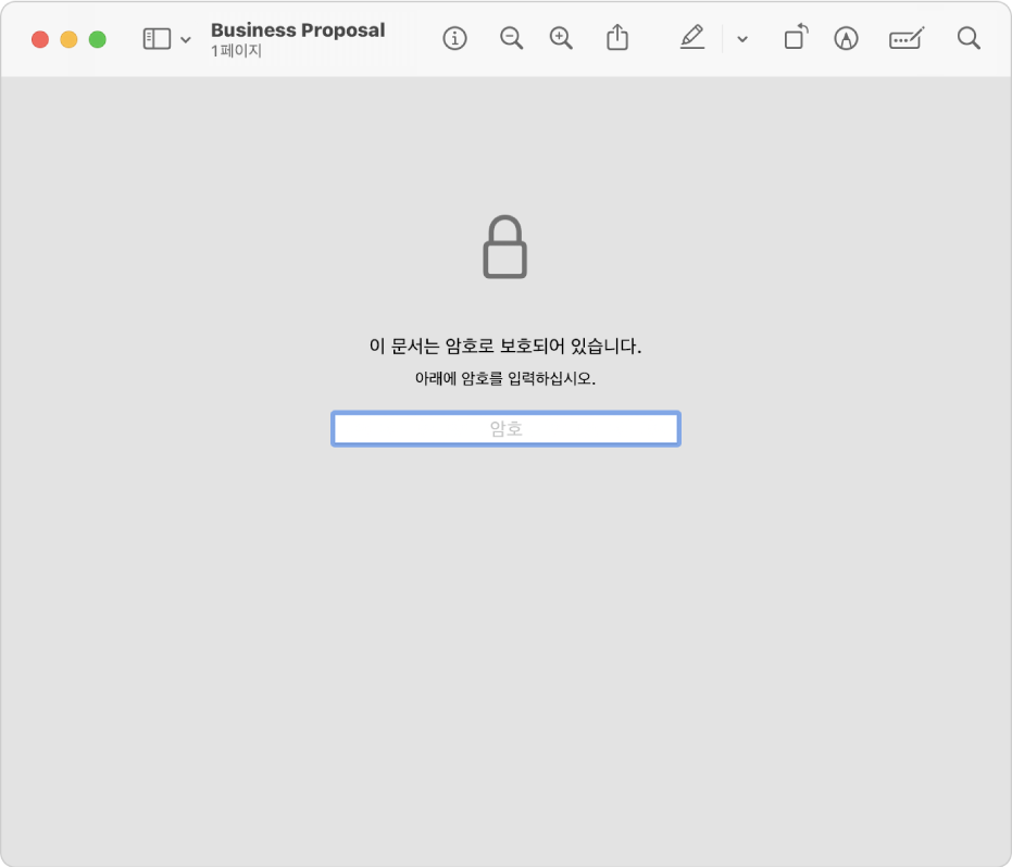 잠금 아이콘과 파일을 열기 위한 암호를 입력하는 텍스트 필드가 표시된, 암호로 보호된 PDF.