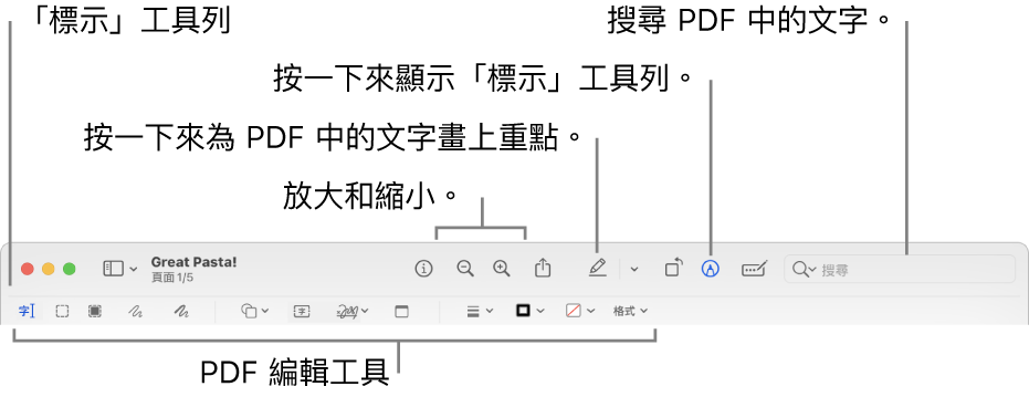 用於標示 PDF 的「標示」工具列。