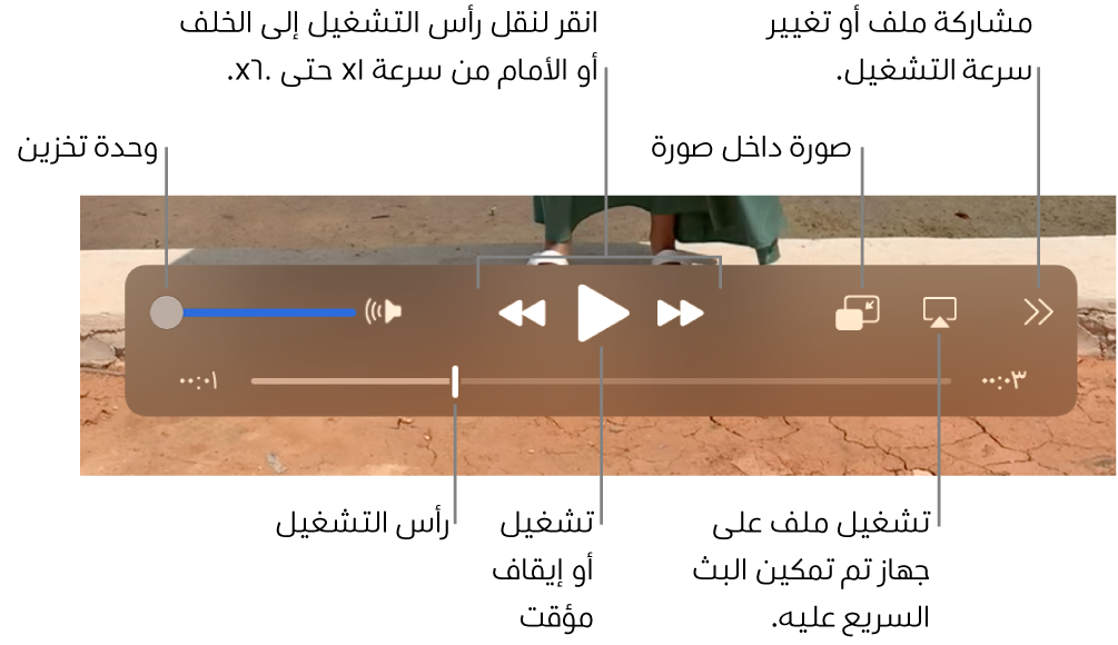 عناصر التحكم في مستوى الصوت والإرجاع والتشغيل والتقديم السريع وتشغيل ملف على جهاز يدعم البث السريع وتغيير سرعة التشغيل.