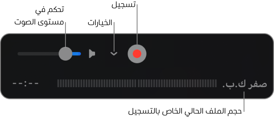 عناصر التحكم في التسجيل، وتحتوي على عنصر التحكم في مستوى الصوت، والزر تسجيل، والقائمة المنبثقة خيارات.