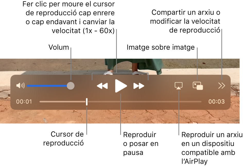 Controls de volum i per rebobinar, reproduir, avançar, reproduir un arxiu en un dispositiu AirPlay i canviar la velocitat de reproducció.
