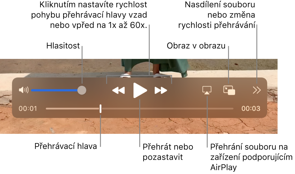 Ovládací prvky pro úpravu hlasitosti, posun zpět, přehrávání, posun vpřed, přehrávání souborů na zařízení podporujícím technologii AirPlay a pro úpravu rychlosti přehrávání