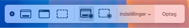 Skærmbilledværktøjer med knappen Optag til højre og lokalmenuen Indstillinger ved siden af.