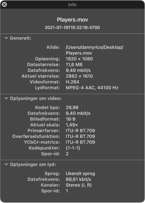 Info om film, der viser generelle oplysninger om arkivet, herunder opløsning, datastørrelse og video- og lydformat. I vinduet vises også oplysninger om det valgte arkivs video og lyd.