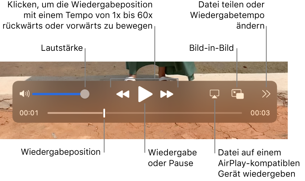 Steuerelemente für die Lautstärke, zum Zurückspulen, Abspielen und Vorspulen, zum Wiedergeben einer Datei auf einem AirPlay-fähigen Gerät und zum Ändern des Wiedergabetempos.