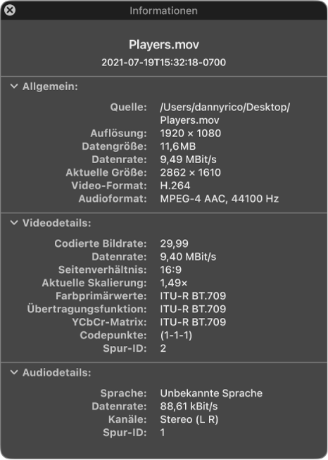 Das Fenster „Filminformation“ mit allgemeinen Informationen über die Datei wie Auflösung, Datenrate und Video- und Audioformat. Im Fenster sind auch Video- und Audiodetails der ausgewählten Datei zu sehen.