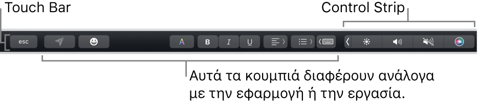 Το Touch Bar κατά μήκος του πάνω μέρους του πληκτρολογίου, όπου εμφανίζεται το συμπτυγμένο Control Strip στα δεξιά, και κουμπιά που διαφέρουν ανά εφαρμογή ή εργασία.