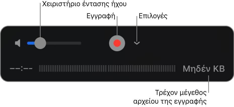 Τα στοιχεία ελέγχου εγγραφής, συμπεριλαμβανομένου του χειριστηρίου έντασης ήχου, του κουμπιού Εγγραφής και του αναδυόμενου μενού Επιλογών.