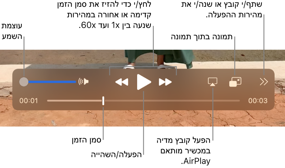 אפשרויות עוצמת קול, הרצה אחורה, הפעלה, הרצה קדימה, הפעלת קובץ במכשיר תומך AirPlay ושינוי מהירות ההפעלה.