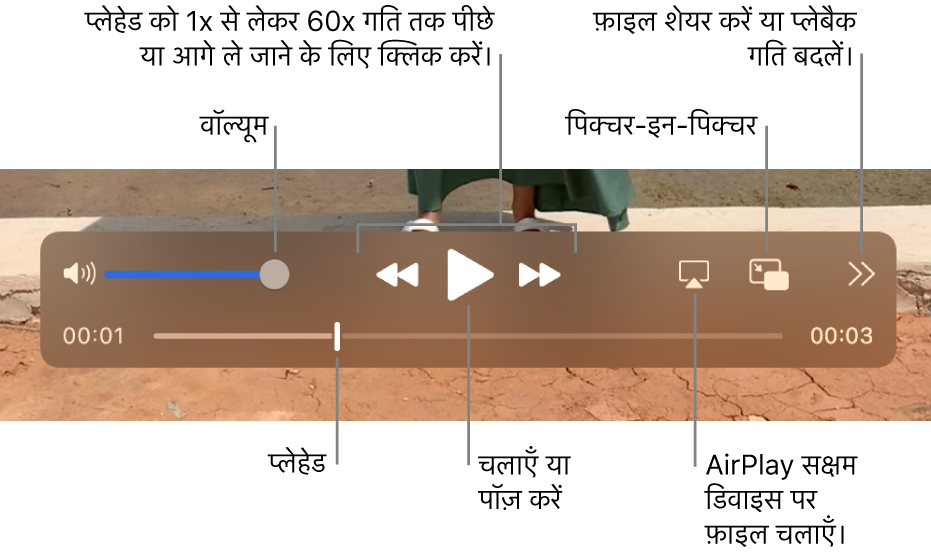 वॉल्यूम, रिवाइंड करने, चलाने, फ़ास्ट फ़ॉरवर्ड करने, AirPlay-सक्षम डिवाइस पर फ़ाइल चलाने, और प्लेबैक गति बदलने के लिए नियंत्रण।