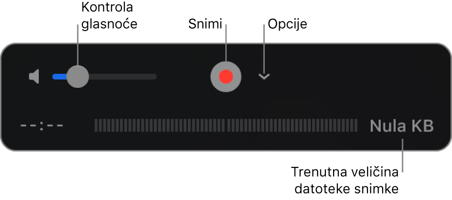 Kontrole snimanja, uključujući kontrolu glasnoće, tipku Snimanje i skočni izbornik Opcije.