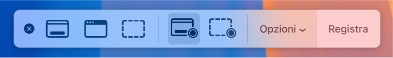 Gli strumenti di Screenshot con il pulsante Registra a destra accanto al menu a comparsa Opzioni.
