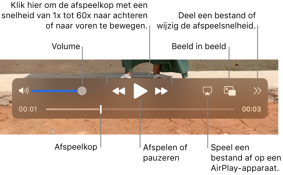 Regelaars voor volume, terugspoelen, afspelen, vooruitspoelen, afspelen van een bestand op een AirPlay-apparaat, en wijzigen van de afspeelsnelheid.