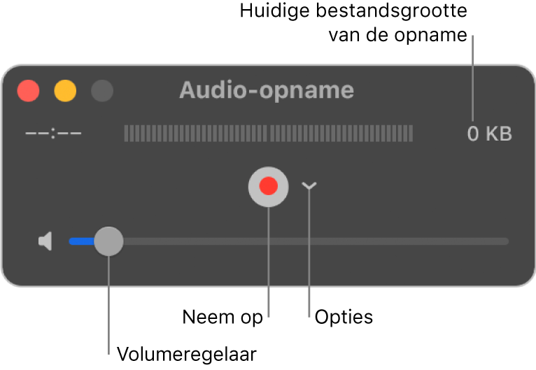 Het venster 'Audio-opname' met in het midden de opnameknop en het pop‑upmenu 'Opties', en onderin de volumeregelaar.