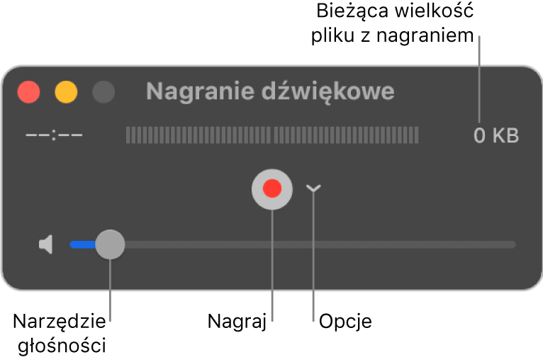 Okno nagrywania audio z przyciskiem nagrywania oraz menu podręcznym w środku okna, a także z narzędziem głośności na dole.