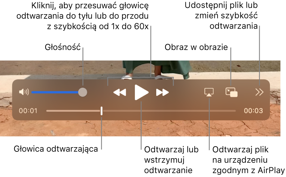 Sterowanie głośnością, przewijaniem do tyłu, odtwarzaniem, przewijaniem do przodu, odtwarzaniem pliku na urządzeniu zgodnym z AirPlay oraz zmienianiem szybkości odtwarzania.