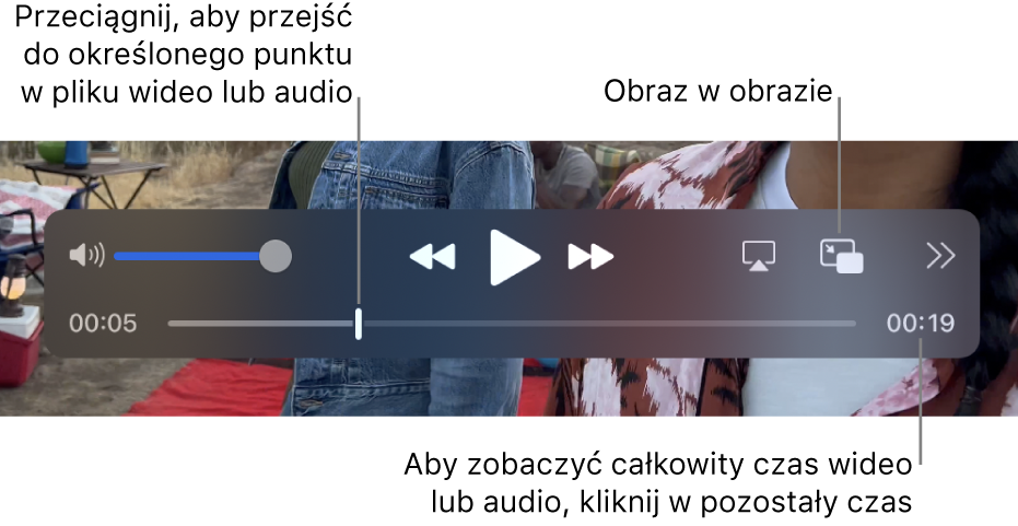 Narzędzia odtwarzania QuickTime Player. Na górze znajdują się kolejno narzędzie głośności, przycisk przewijania do tyłu, przycisk odtwarzania/pauzy, przycisk przewijania do przodu, przycisk wyboru wyświetlacza, przycisk udostępniania i przycisk szybkości odtwarzania. Na dole znajduje się głowica odtwarzania, którą można przesunąć do konkretnego miejsca w pliku. W dolnej prawej części widoczny jest czas pozostały pliku.
