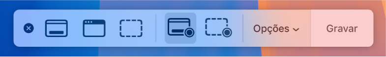 As ferramentas de captura de ecrã com o botão Gravar à direita e o menu pop-up Opções ao lado.