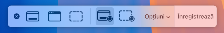 Instrumentele din Captură de ecran cu butonul Înregistrează în partea dreaptă și meniul pop-up Opțiuni alături.