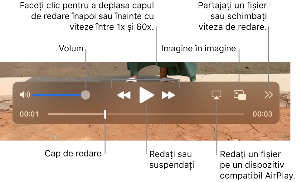 Comenzi pentru volum, derulare înapoi, redare, derulare repede înainte, redarea unui fișier pe un dispozitiv compatibil AirPlay și schimbarea vitezei de redare.