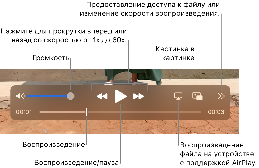 Элементы управления громкостью, перемоткой назад, воспроизведением, перемоткой вперед, воспроизведением на устройстве с поддержкой AirPlay и изменением скорости воспроизведения.