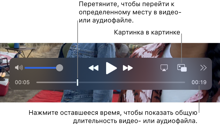 Элементы управления воспроизведением QuickTime Player. Вдоль верхнего края: регулятор громкости и кнопки перемотки назад, паузы/воспроизведения, перемотки вперед, выбора дисплея, а также кнопки «Картинка в картинке», «Поделиться» и «Скорость воспроизведения». Внизу расположен указатель воспроизведения, который можно перетянуть для перехода к определенной точке в файле. Оставшееся время файла отображается в правом нижнем углу.