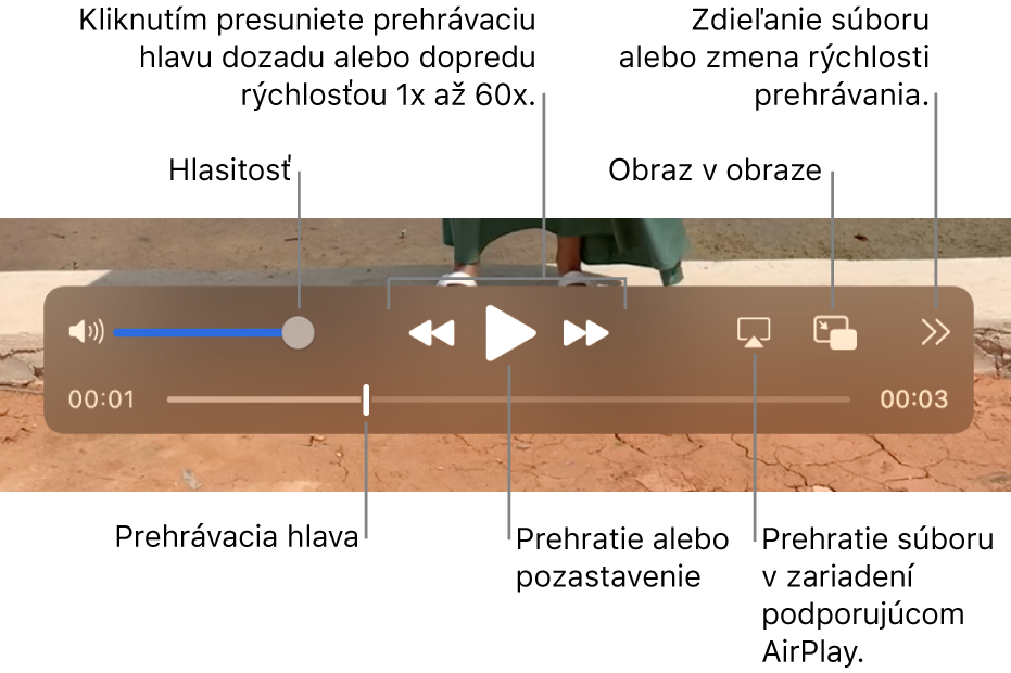 Ovládacie prvky pre hlasitosť, prevíjanie dozadu, prehrávanie, prevíjanie dopredu, prehrávanie súboru na zariadení podporujúce AirPlay a zmena rýchlosti prehrávania.