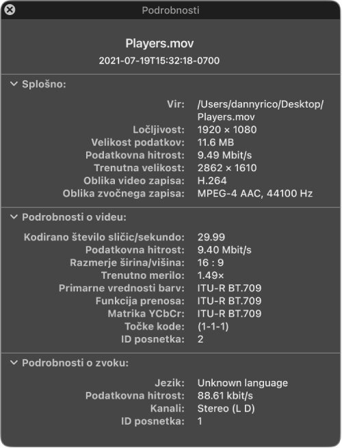 Podrobnosti o filmu, ki prikazujejo splošne informacije o datoteki, vključno z ločljivostjo, velikostjo podatkov ter obliki video in zvočnega zapisa. Okno prikazuje tudi podrobnosti o videu in zvoku za izbrano datoteko.
