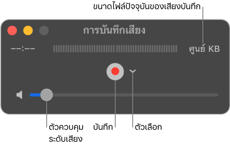 หน้าต่างการบันทึกเสียงที่มีปุ่มบันทึกและเมนูตัวเลือกที่แสดงขึ้นตรงกึ่งกลางหน้าต่าง และตัวควบคุมระดับเสียงที่ด้านล่างสุด