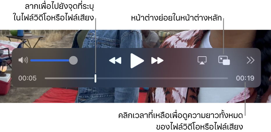 ตัวควบคุมการเล่น QuickTime Player จากด้านบนสุดคือตัวคุมควบระดับเสียง ปุ่มเลื่อนถอยกลับ ปุ่มเล่น/หยุดพัก ปุ่มเลื่อนไปข้างหน้าอย่างเร็ว ปุ่มเลือกจอภาพ ปุ่มหน้าต่างย่อยในหน้าต่างหลัก และปุ่มแชร์และความเร็วการเล่น ด้านล่างสุดคือตัวชี้ตำแหน่ง ซึ่งคุณสามารถลากไปที่จุดที่ระบุเฉพาะในไฟล์ได้ เวลาที่เหลืออยู่ในไฟล์ปรากฏขึ้นที่ด้านขวาล่างสุด