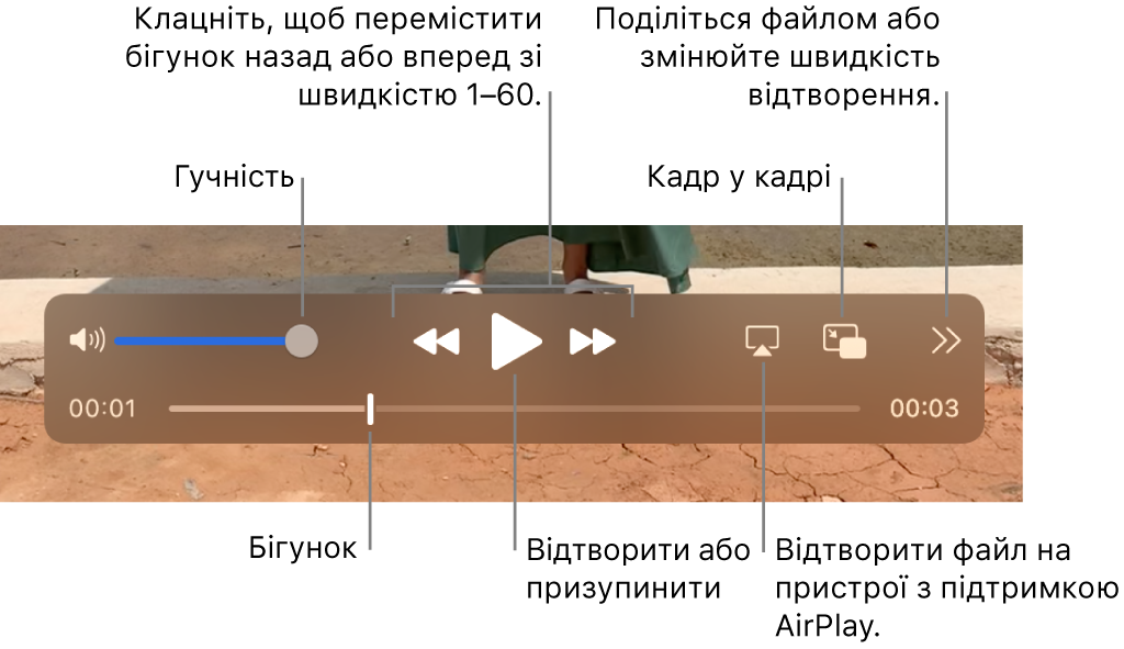 Елементи керування гучністю, перемотуванням назад і вперед, звичайним відтворенням, а також відтворенням файлу на пристрої з підтримкою AirPlay та змінюванням швидкості відтворення.