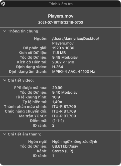 Trình kiểm tra phim đang hiển thị thông tin chung về tệp, bao gồm độ phân giải, kích cỡ tệp và định dạng video và âm thanh. Cửa sổ cũng hiển thị thông tin chi tiết về video và âm thanh về tệp được chọn.