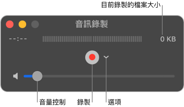 「音訊錄製」視窗，視窗中央帶有「錄製」按鈕和「選項」彈出式選單，底部則有音量控制項目。