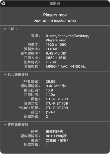 「影片檢閲器」顯示有關檔案的一般資料，包括解像度、資料大小和影片及音訊格式。 視窗亦顯示所選檔案的相關影片和音訊詳細資料。