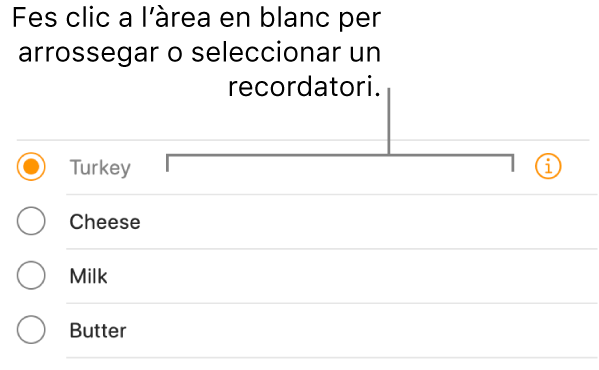 Fer clic a la zona buida de la dreta del nom d’un recordatori per seleccionar‑lo.