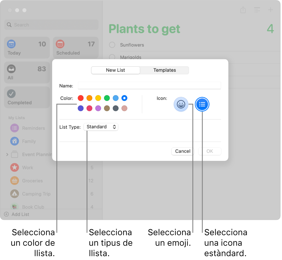 Finestra de l’app Recordatoris amb les opcions per a una llista nova.