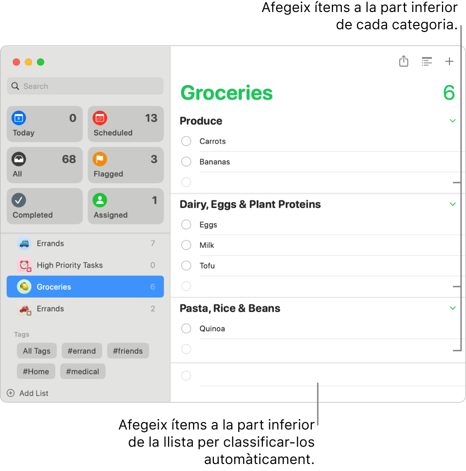 Una llista de la compra amb articles que es mostren en tres categories. Hi ha camps buits a la part inferior de cada categoria per afegir-hi articles i un camp buit a la part inferior de tota la llista per afegir-hi articles que es classifiquen automàticament.