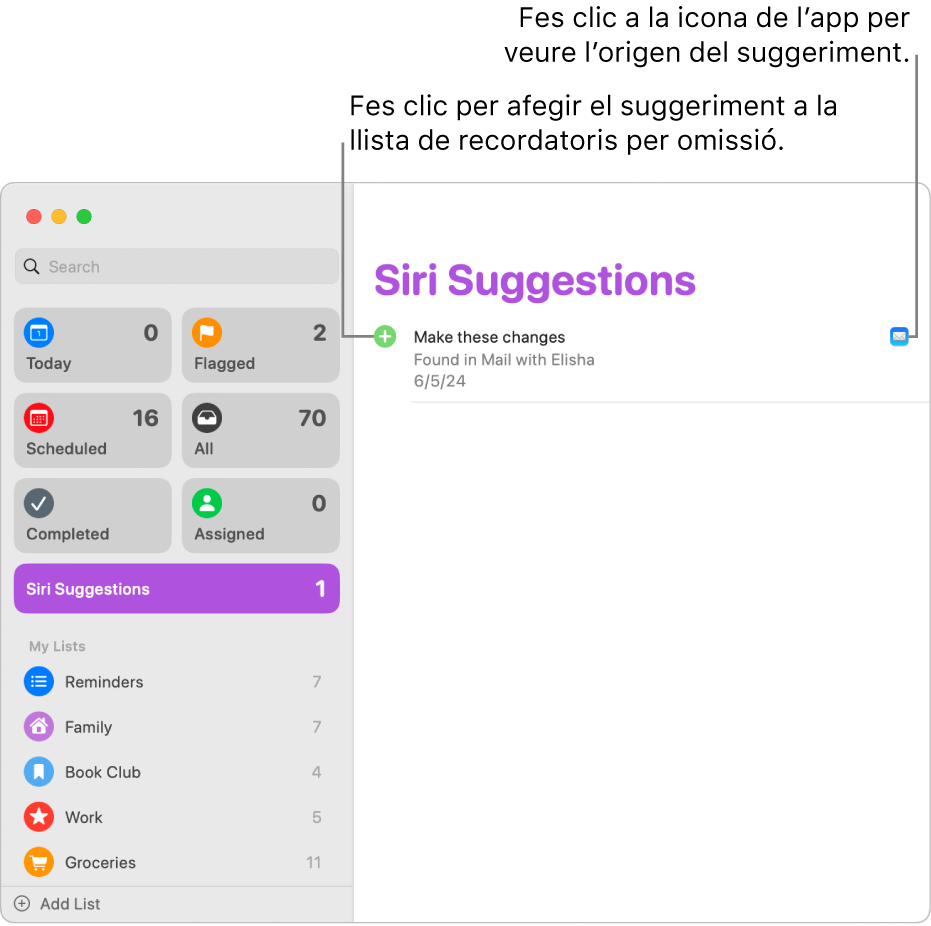 Llista de suggeriments de Siri a l’app Recordatoris en què es mostra un suggeriment de recordatori de l’app Mail.