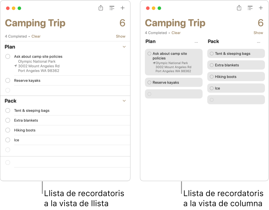 A l’esquerra, es mostra una llista de recordatoris amb la visualització en llista; a la dreta, es mostra la mateixa llista de recordatoris amb la visualització en columnes. La llista de recordatoris té dues seccions; els títols de les seccions s’utilitzen com a capçaleres de les columnes.