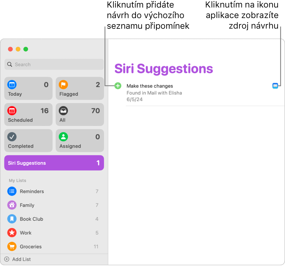 Seznam návrhů Siri v aplikaci Připomínky s návrhem jedné připomínky z aplikace Mail