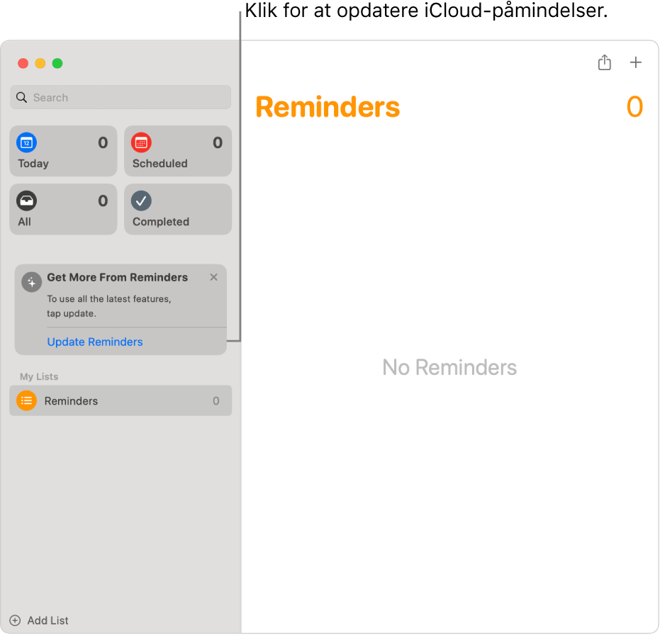 Et vindue i Påmindelser med knappen Opdater i indholdsoversigten.