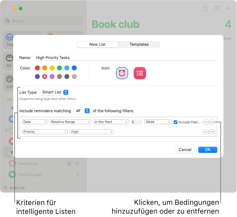 Das Fenster „Neue intelligente Liste“ mit Feldern zum Festlegen von Kriterien