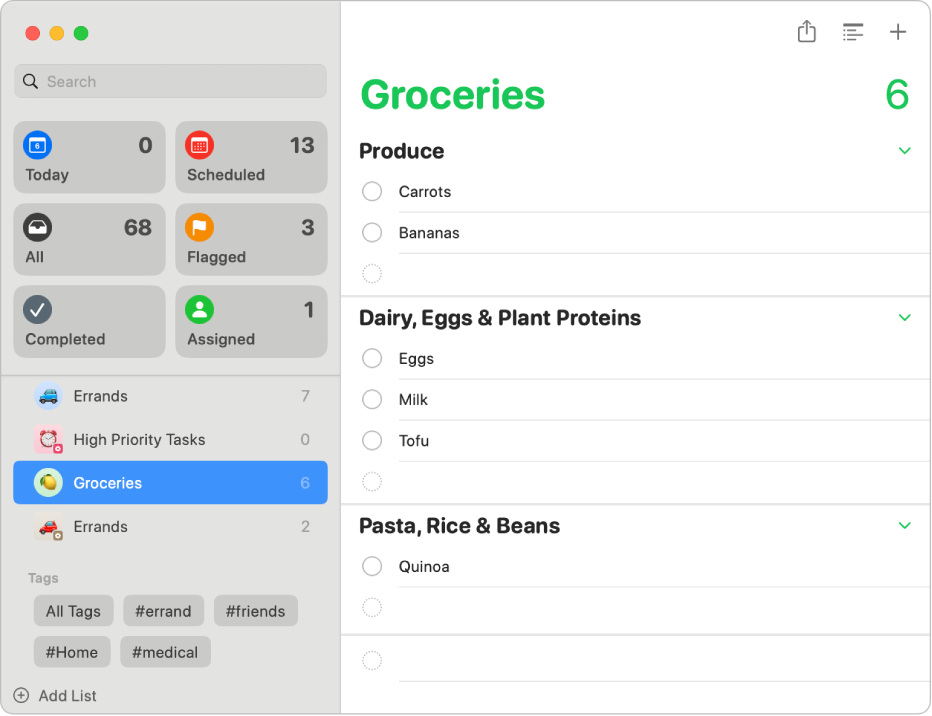 Eine Einkaufsliste in der App „Erinnerungen“ mit sechs Einkaufsartikeln, die automatisch in Abschnitte sortiert wurden: Karotten und Bananen zu „Obst & Gemüse“, Eier, Milch, Tofu zu „Milchprodukte, Eier & Pflanzenproteine“ und Quinoa zu „Nudeln, Reis & Bohnen“.