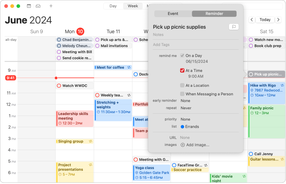 A Calendar app window on Mac with a new reminder dialogue window open.