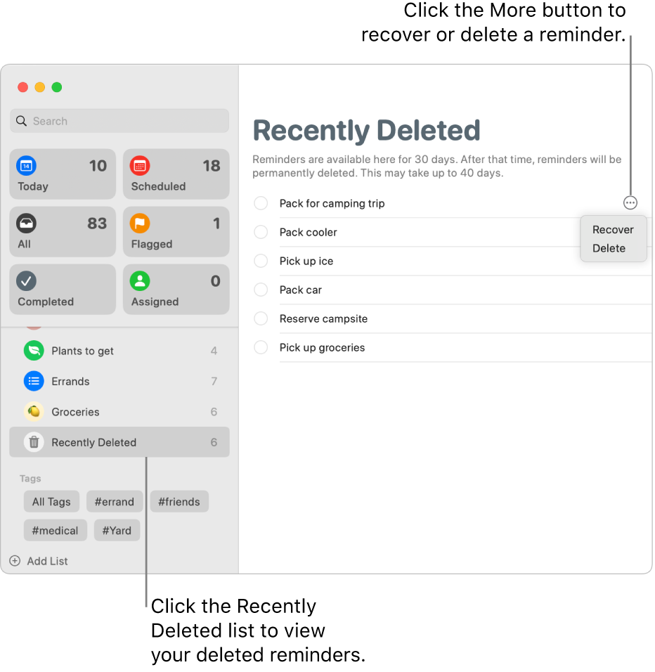 A Reminders window showing the Recently Deleted list selected in the sidebar, and the More button for a reminder showing the Recover or Delete options.