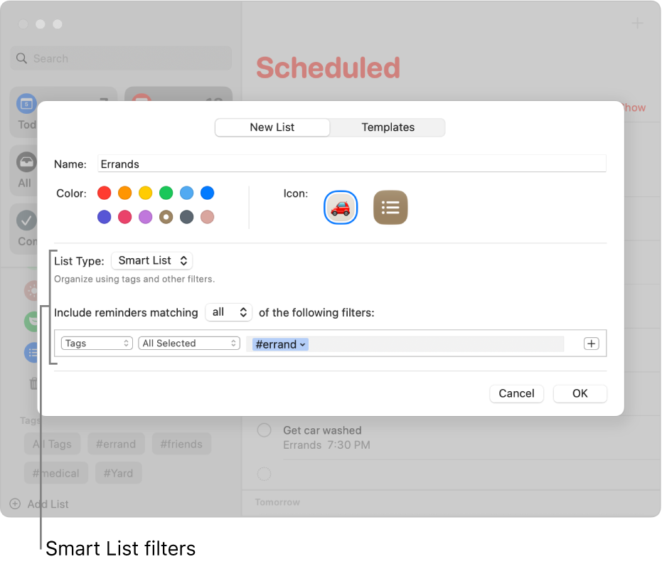 A custom Smart List info window showing the filters pop-up menu.