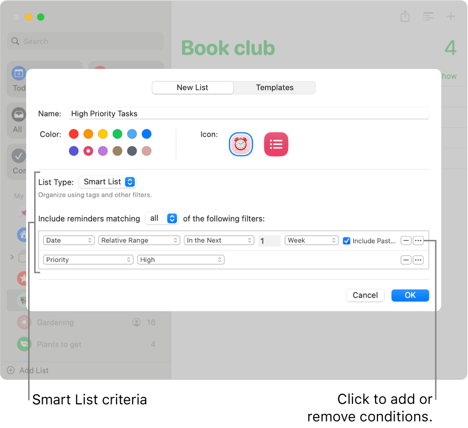 The New Smart List dialogue, showing the fields used to specify the criteria.