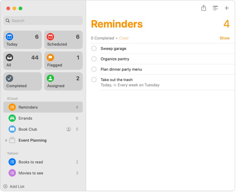 A Reminders window showing reminder lists from an iCloud account and a Yahoo account in the sidebar.